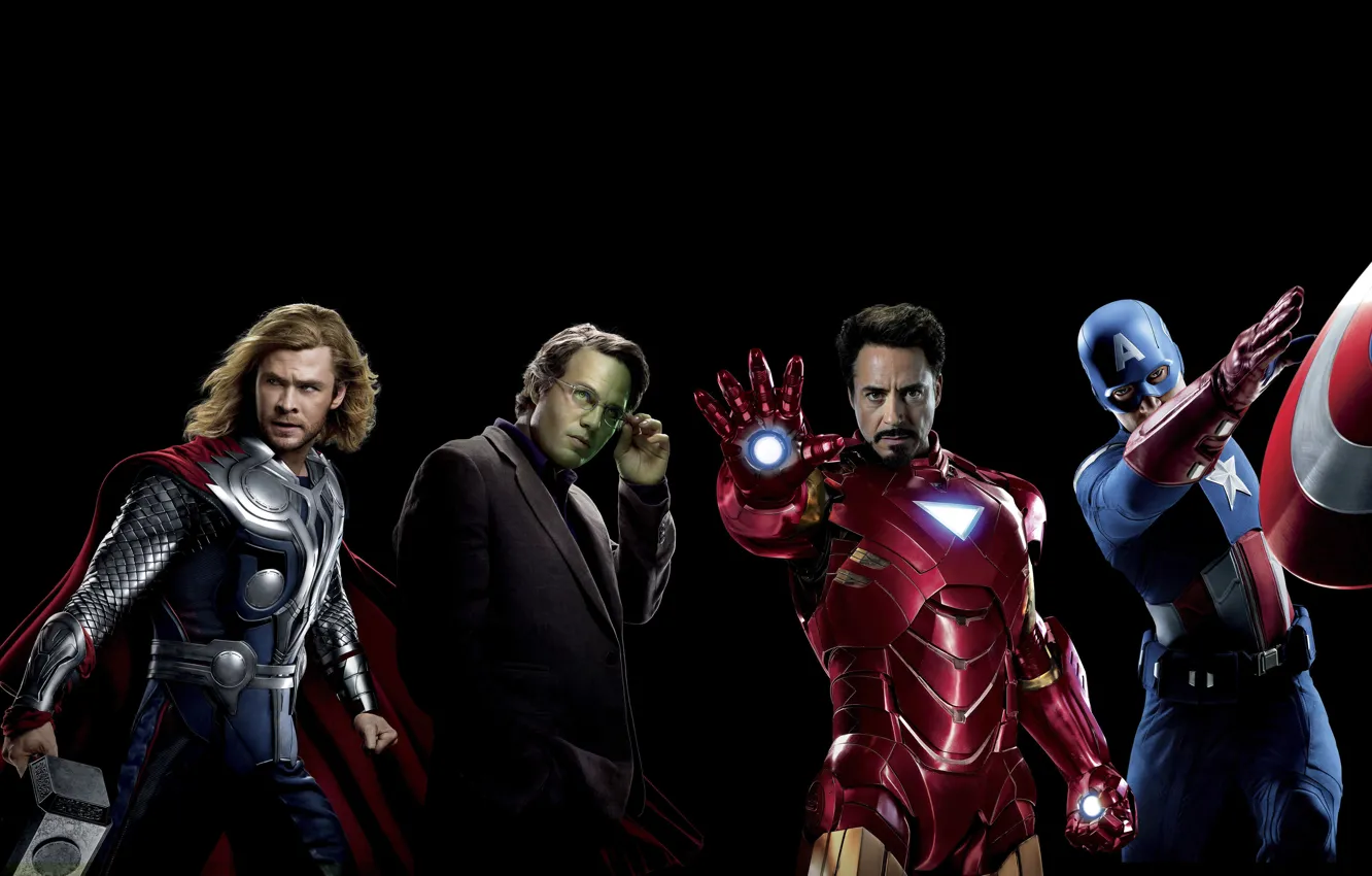 Photo wallpaper fiction, black background, Hulk, Iron Man, comic, Captain America, superheroes, Thor