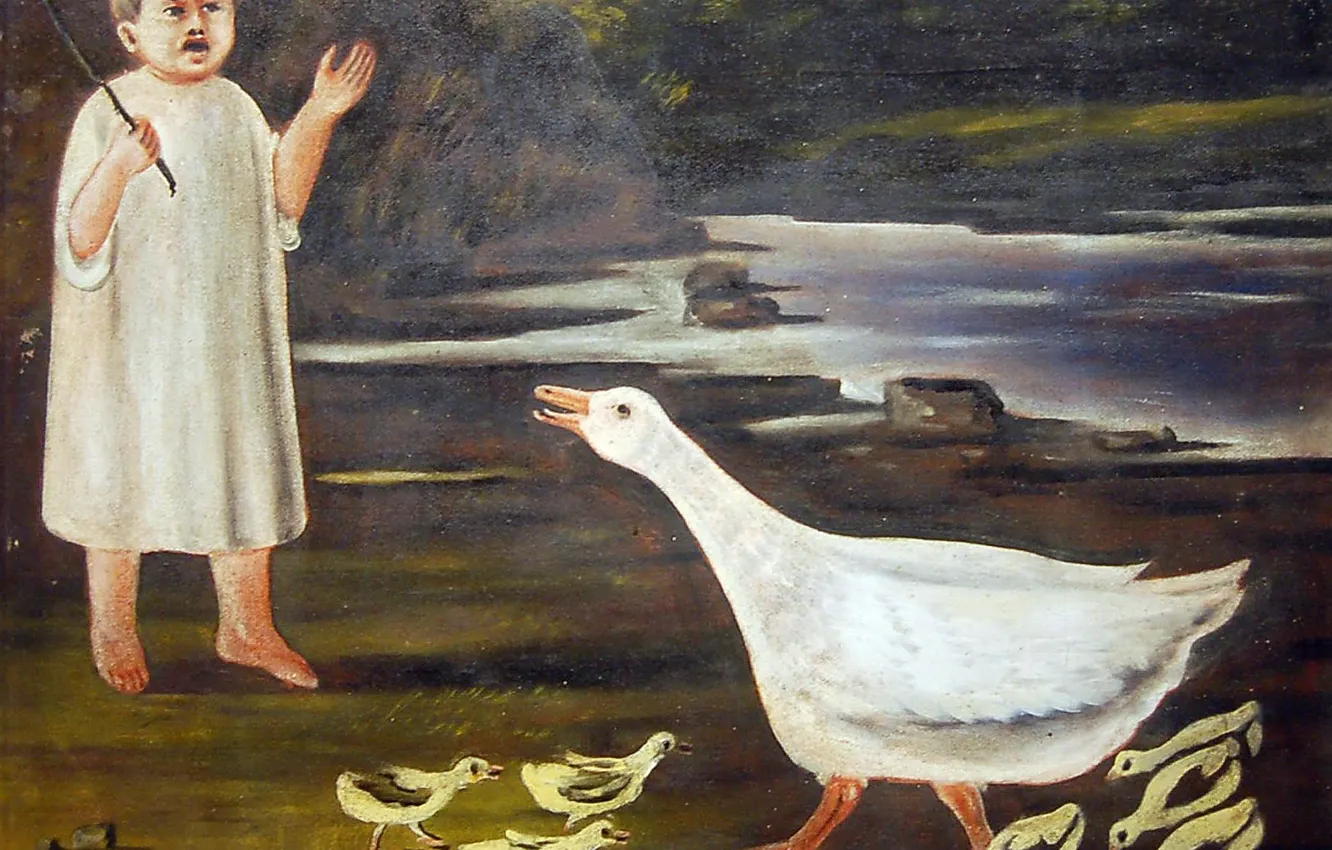Photo wallpaper primitivism, PIROSMANASHVILI Nikolai Aslanovich, A girl and a goose with goslings