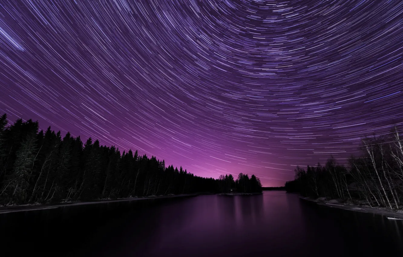 Photo wallpaper sea, water, stars, trees, night, nature, river, the evening
