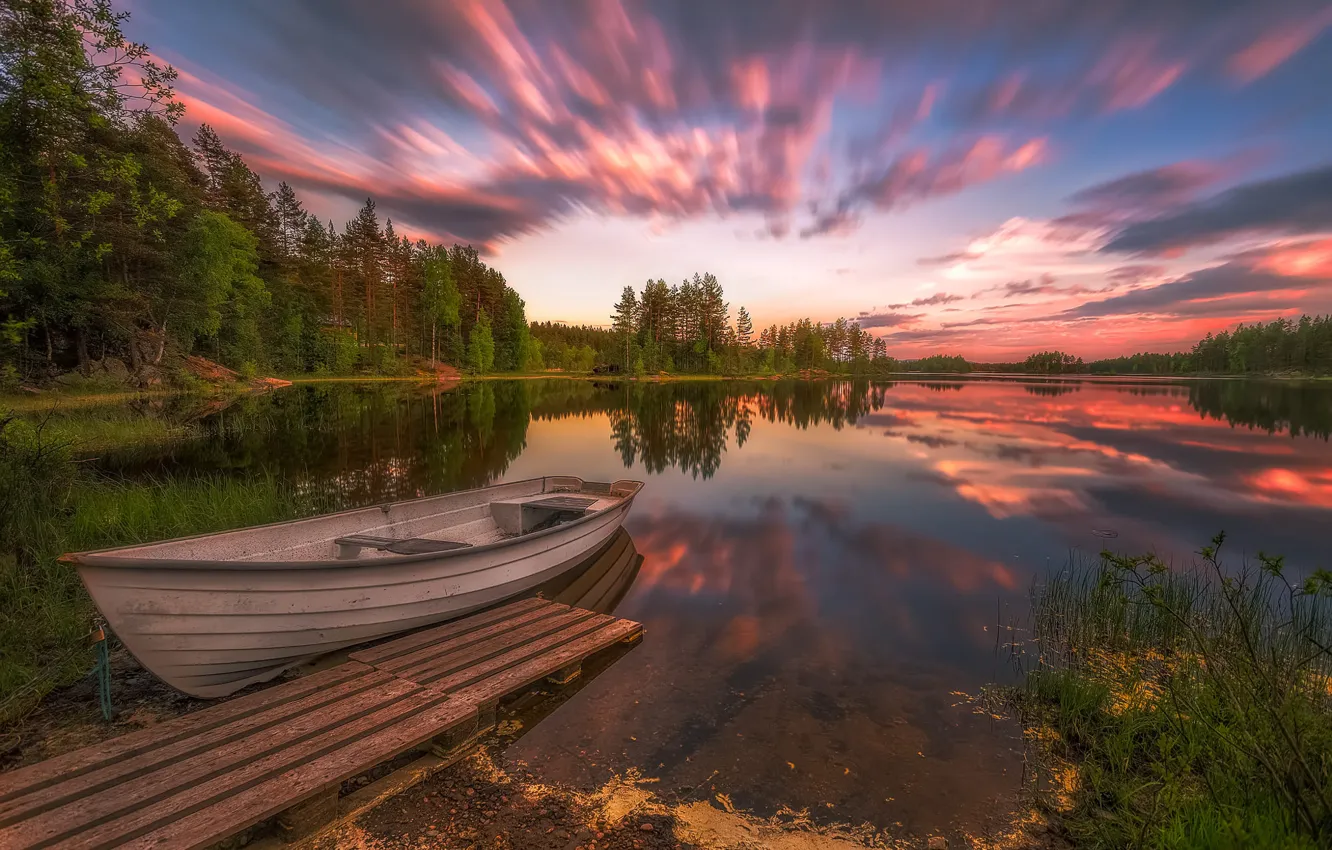 Photo wallpaper landscape, sunset, nature, lake, boat, Norway, forest, Bank