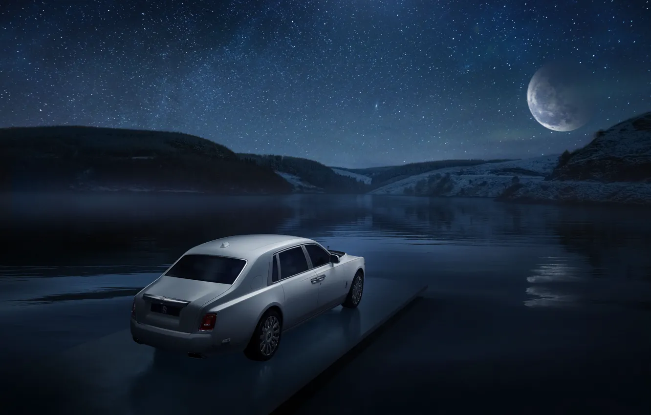 Photo wallpaper machine, the sky, water, the moon, stars, Rolls-Royce, Phantom, lights