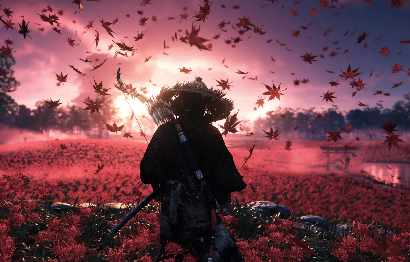 Photo wallpaper art, leaves, samurai