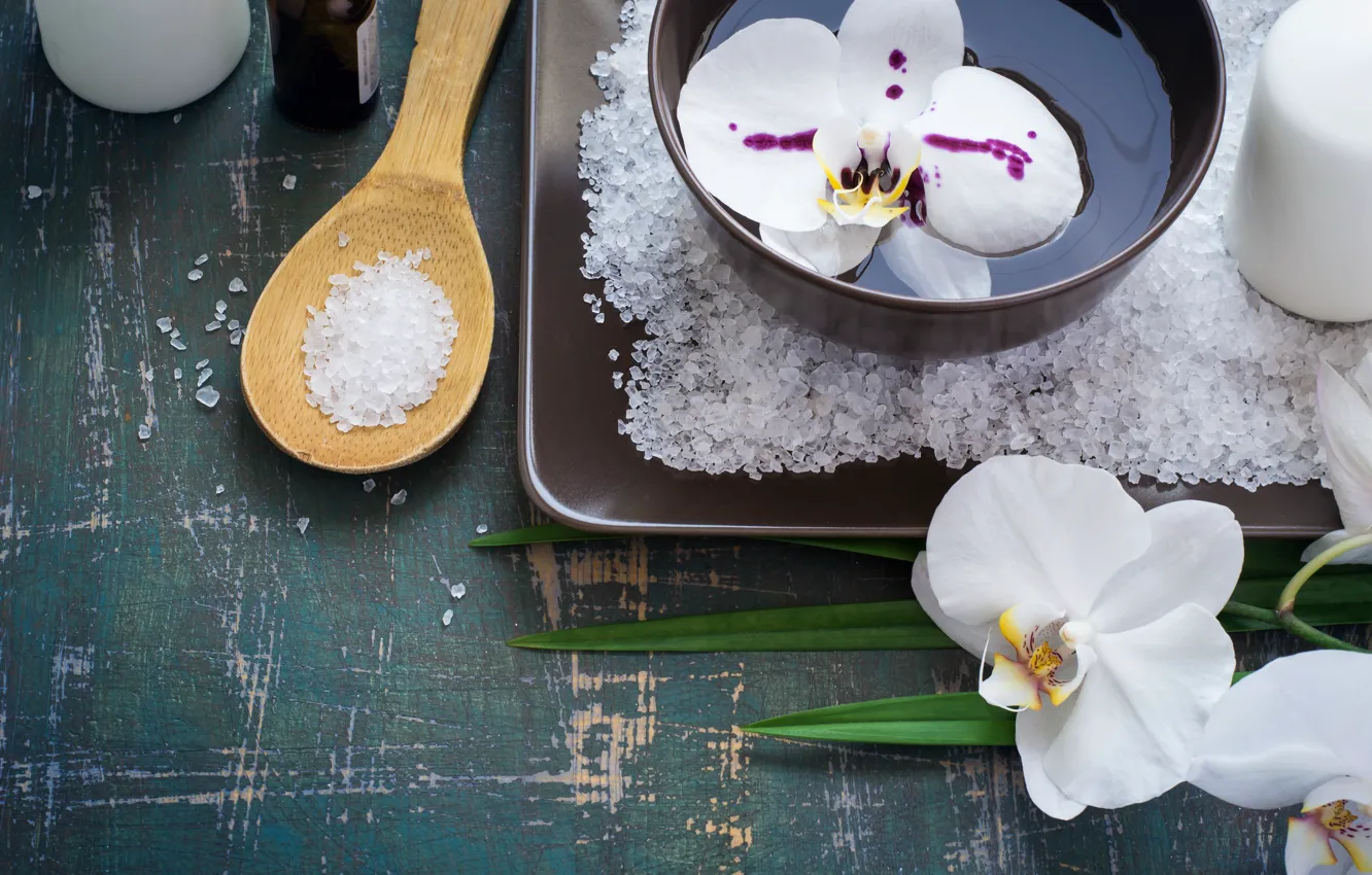 Photo wallpaper flowers, spoon, Orchid, Spa, salt