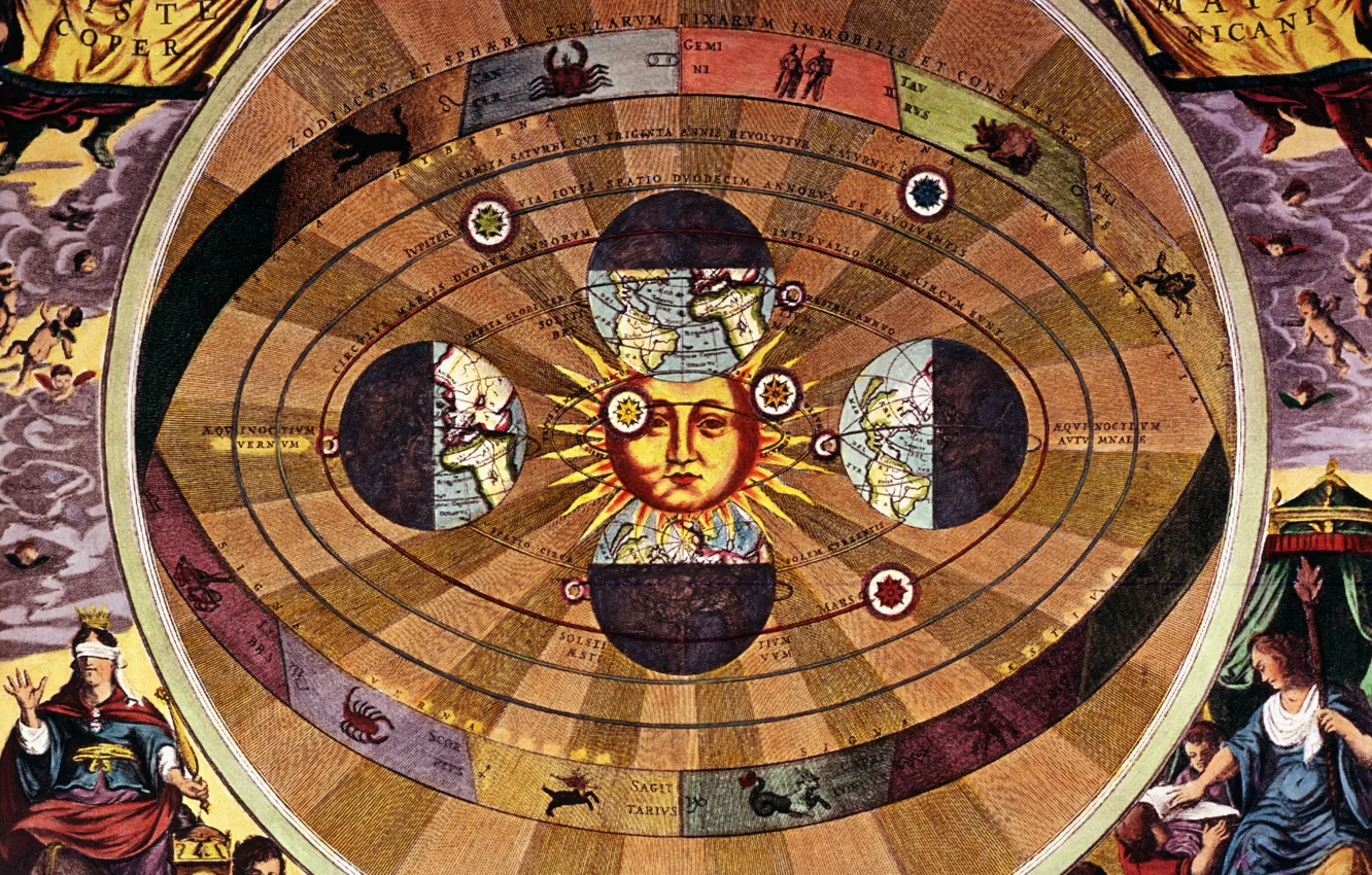 Photo wallpaper the sun, earth, the signs of the zodiac, Nicolaus Copernicus, The scientific revolution