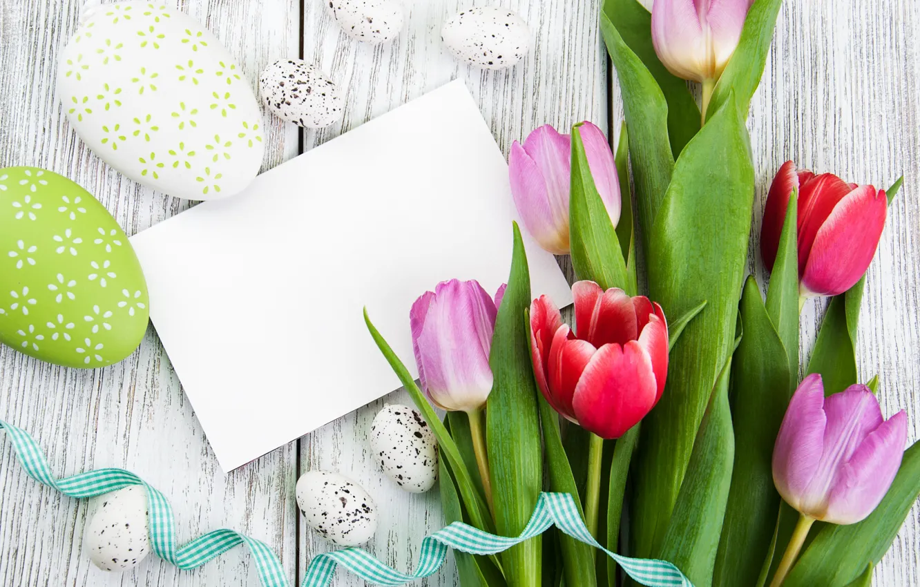 Photo wallpaper flowers, eggs, spring, colorful, Easter, tulips, wood, pink