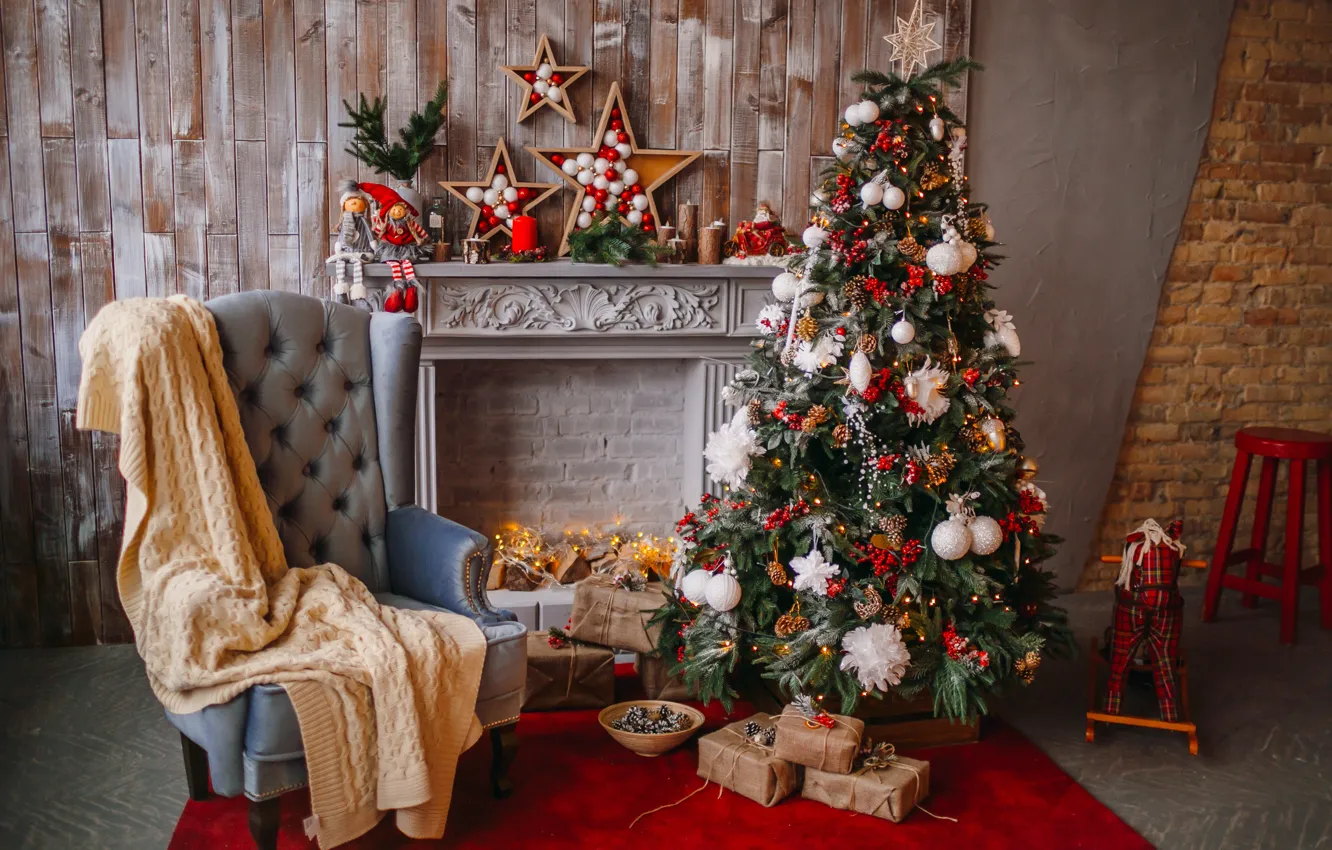 Photo wallpaper decoration, balls, tree, New Year, Christmas, gifts, Christmas, balls