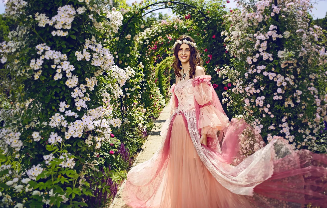 Photo wallpaper style, flowers, look, garden, Princess, outfit, girl, dress