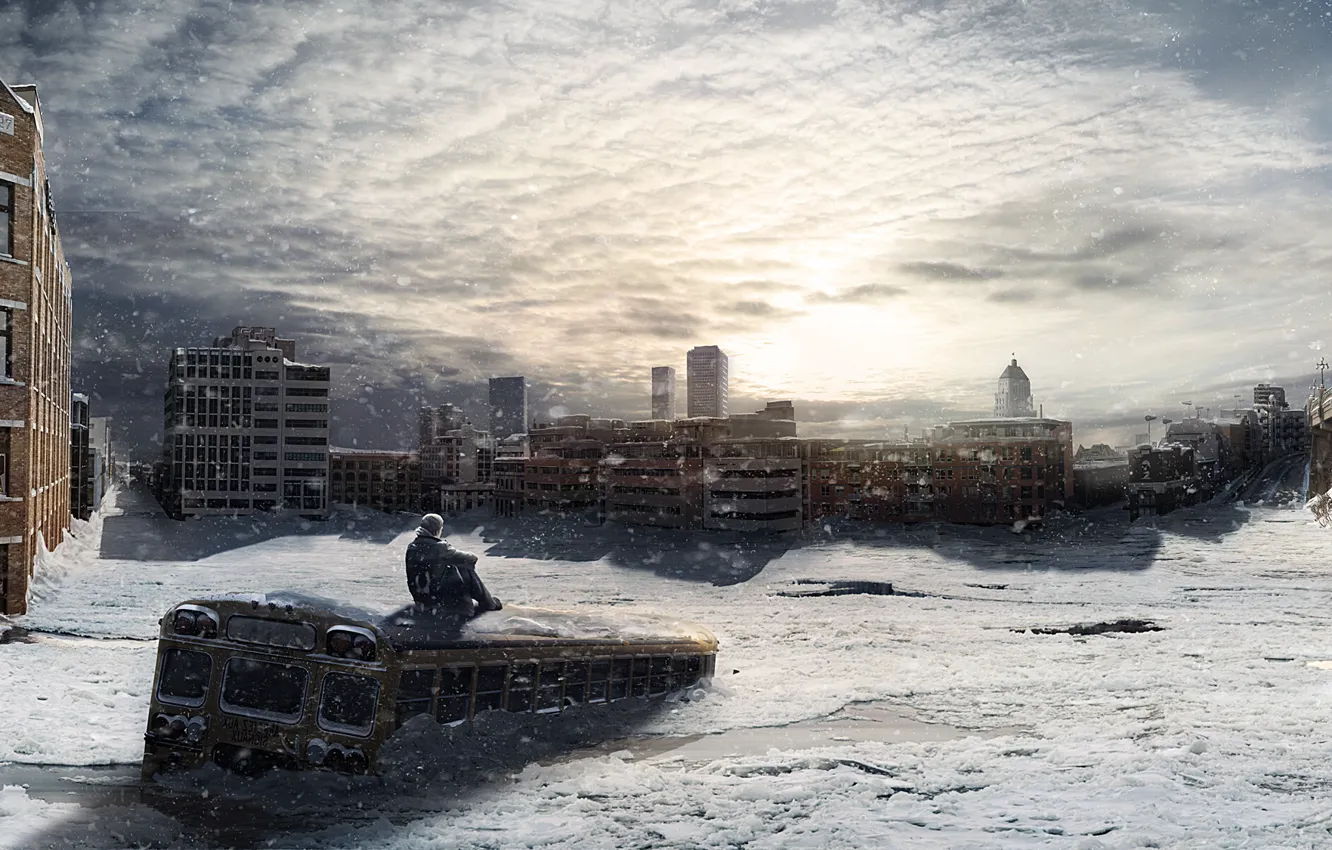 Photo wallpaper cold, winter, the sun, snow, the city, bus, snowfall