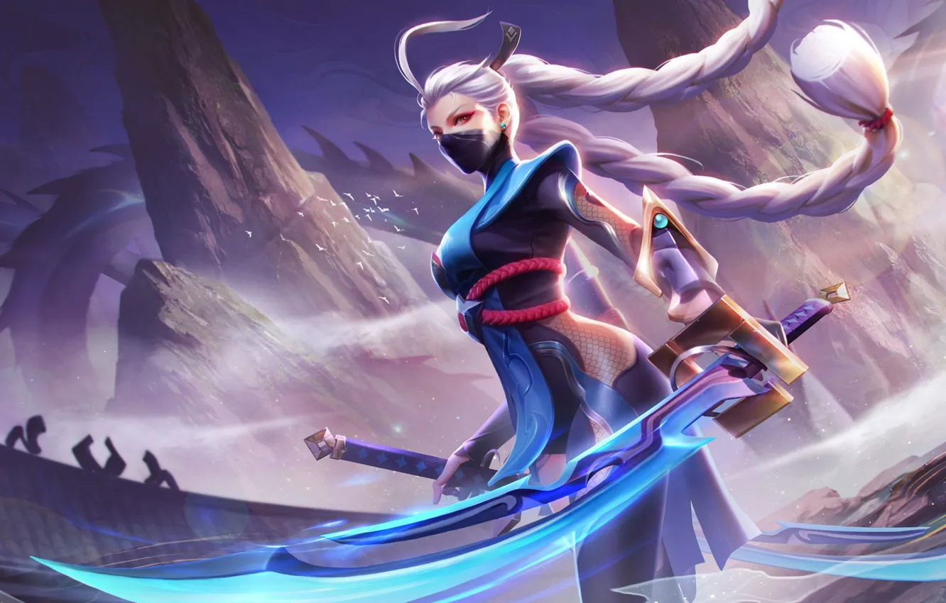 Photo wallpaper girl, rocks, braid, arena, white hair, blade, mob, online