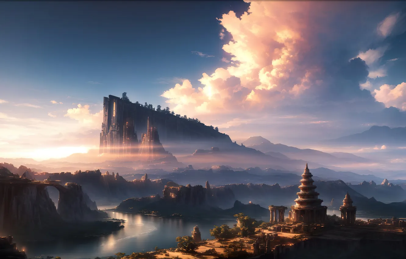 Photo wallpaper river, sky, landscape, art, fantastic, digital art, futuristic, ancient ruin