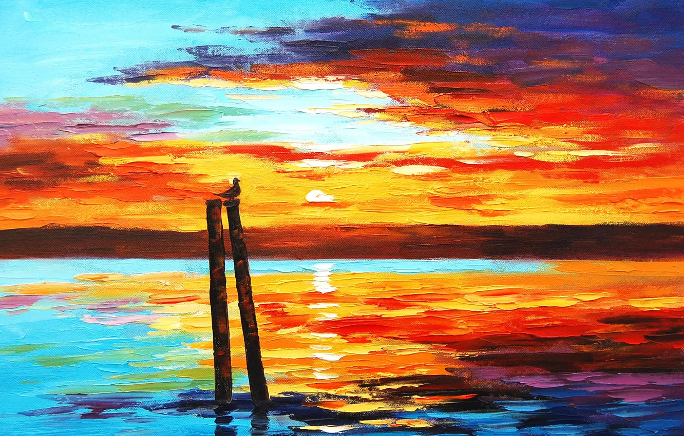 Photo wallpaper the sky, water, the sun, sunset, bird, art, beautiful, bright