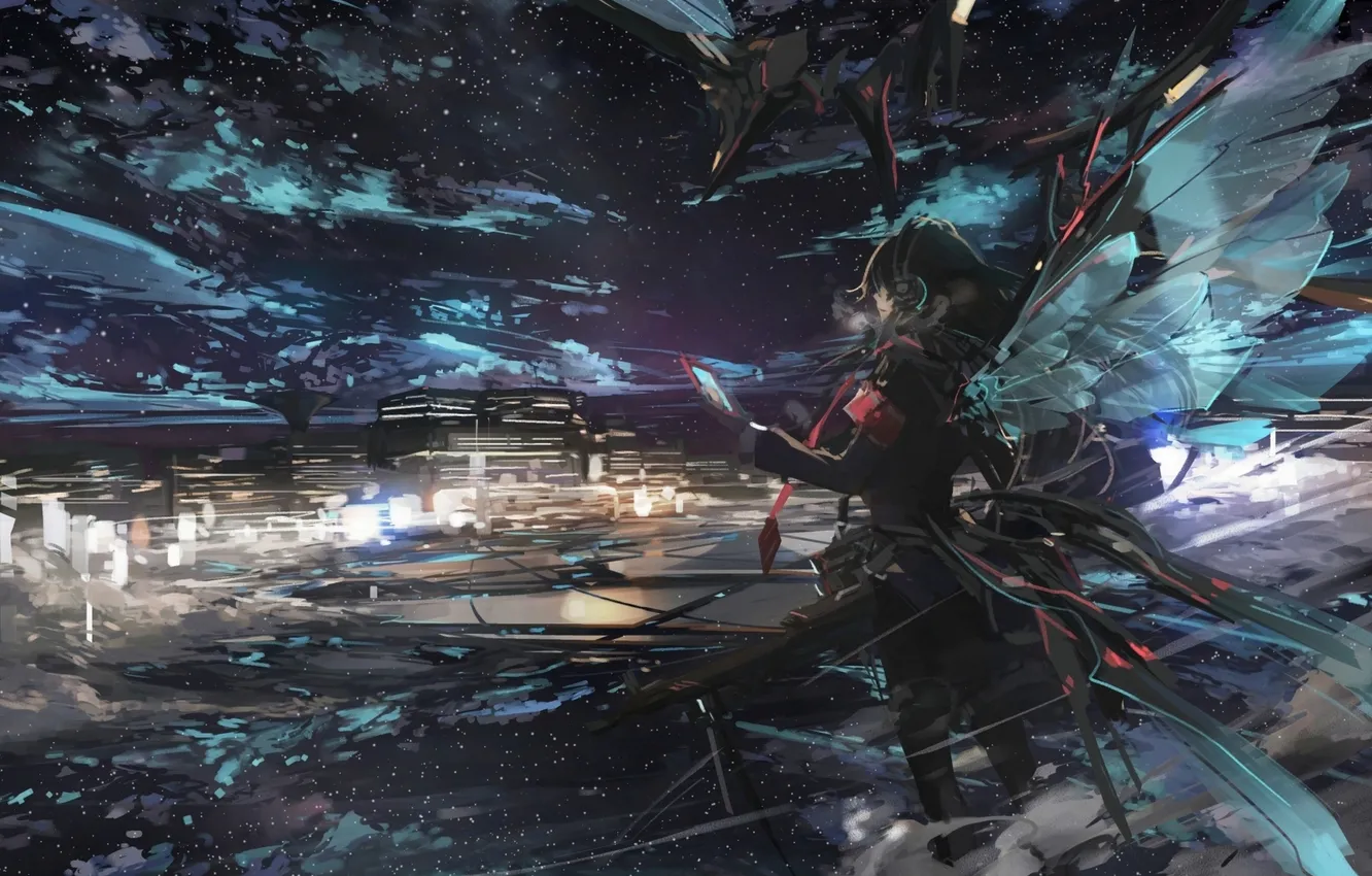 Photo wallpaper the sky, girl, stars, clouds, night, the city, home, wings