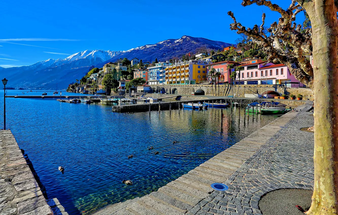 Photo wallpaper the sky, landscape, mountains, lake, home, Switzerland, promenade, Ascona