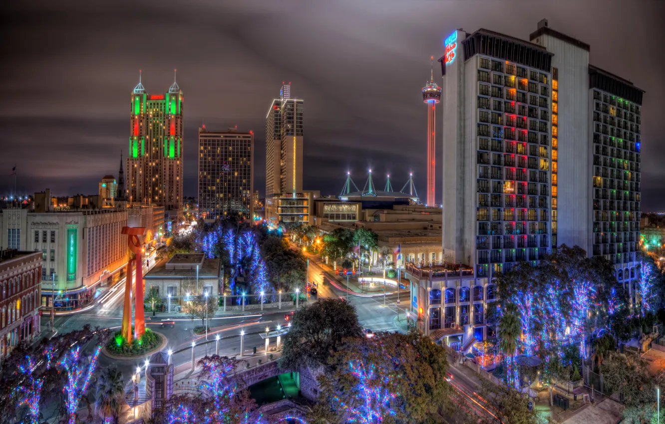 Photo wallpaper night, USA, Christmas, night, Downtown, Texas, holiday, Texas