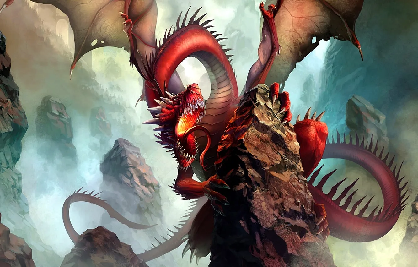 Photo wallpaper red, stones, rocks, dragon, monster, mouth