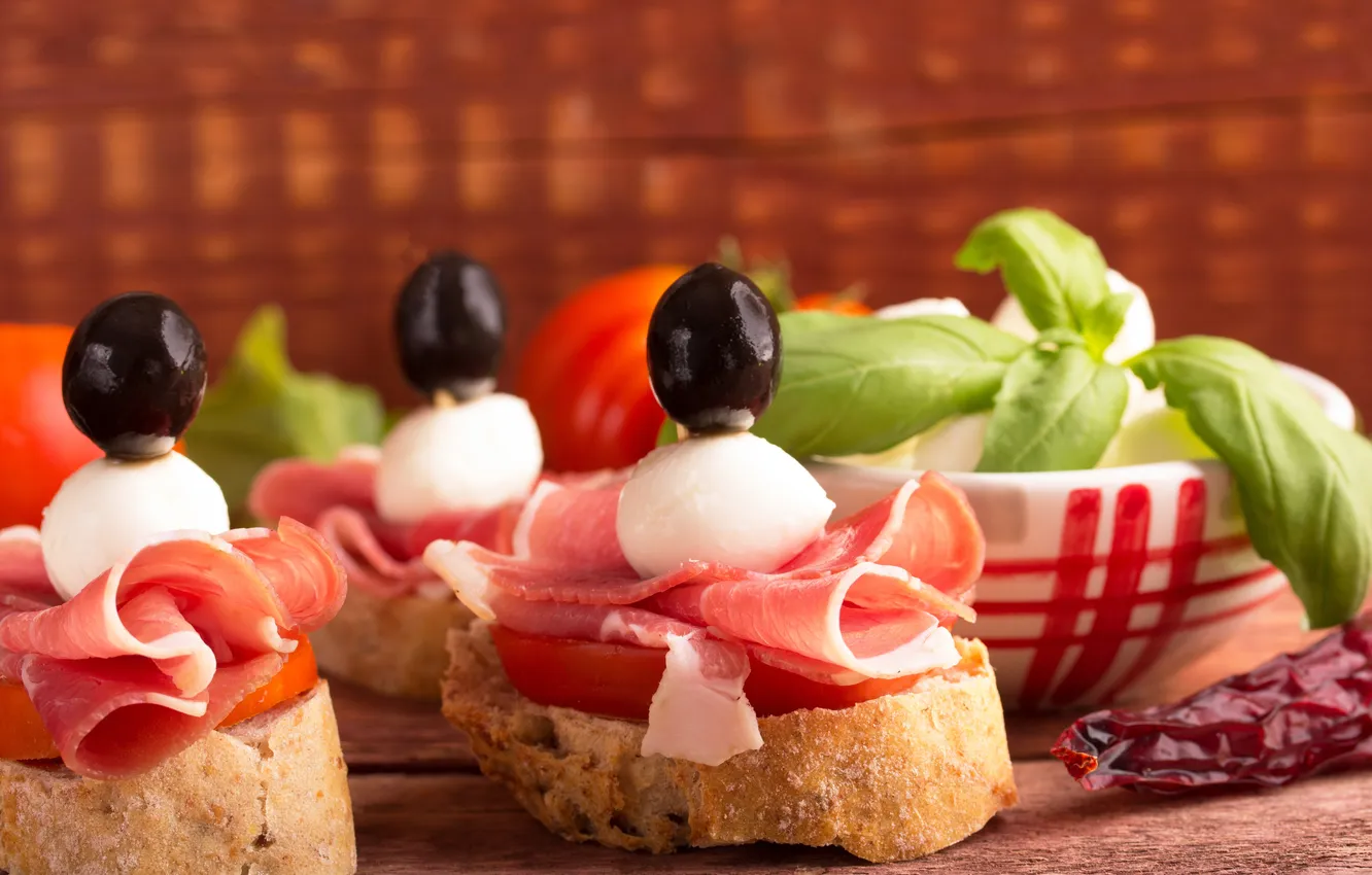 Photo wallpaper cheese, bread, pepper, tomatoes, olives, delicious, sandwiches, fast food