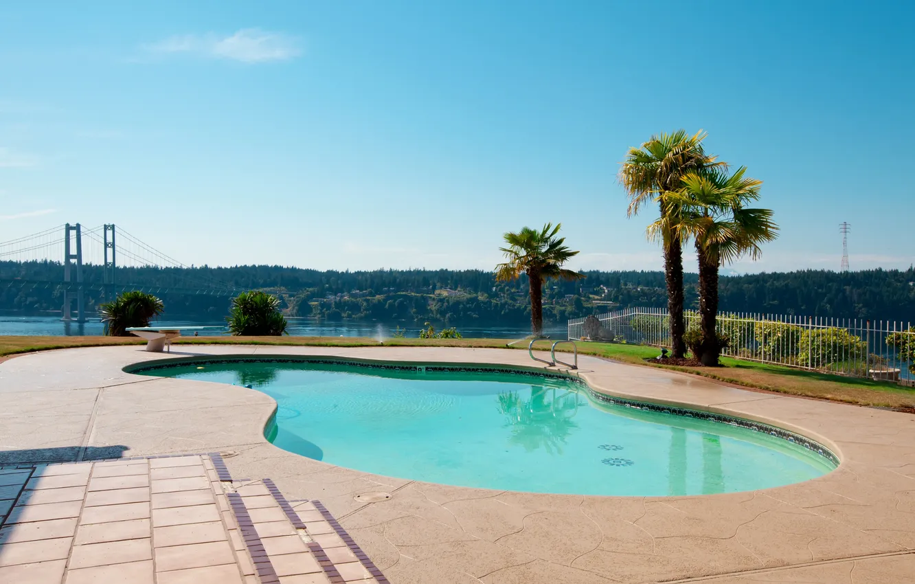 Photo wallpaper the sky, landscape, bridge, design, lake, palm trees, blue, view