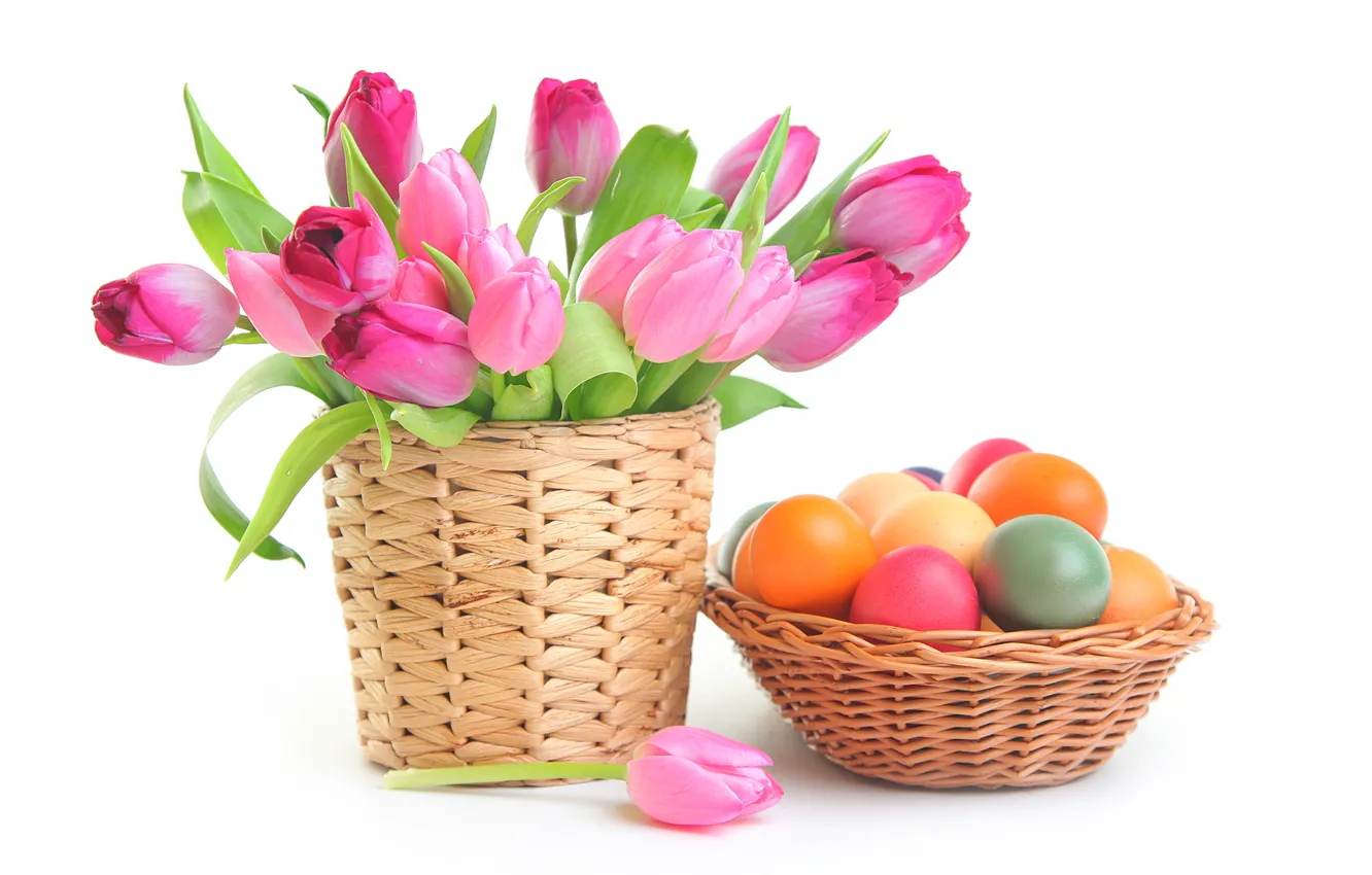 Photo wallpaper flowers, eggs, Easter, tulips