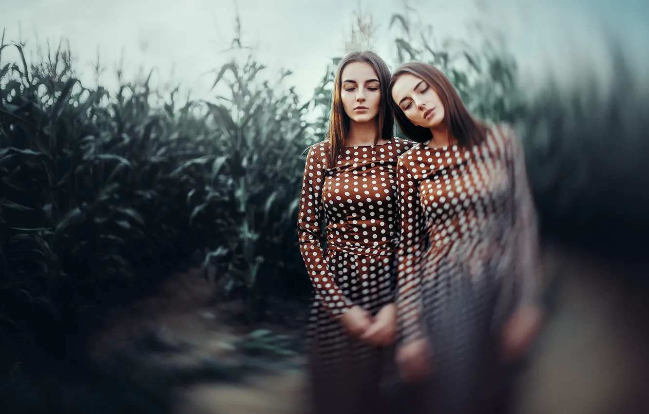 Photo wallpaper field, girl, blur, dress, pair, two girls, phantom, Gemini
