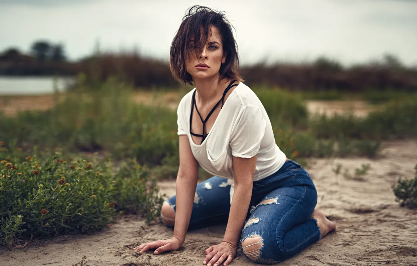 Photo wallpaper look, nature, pose, model, portrait, jeans, makeup, Mike