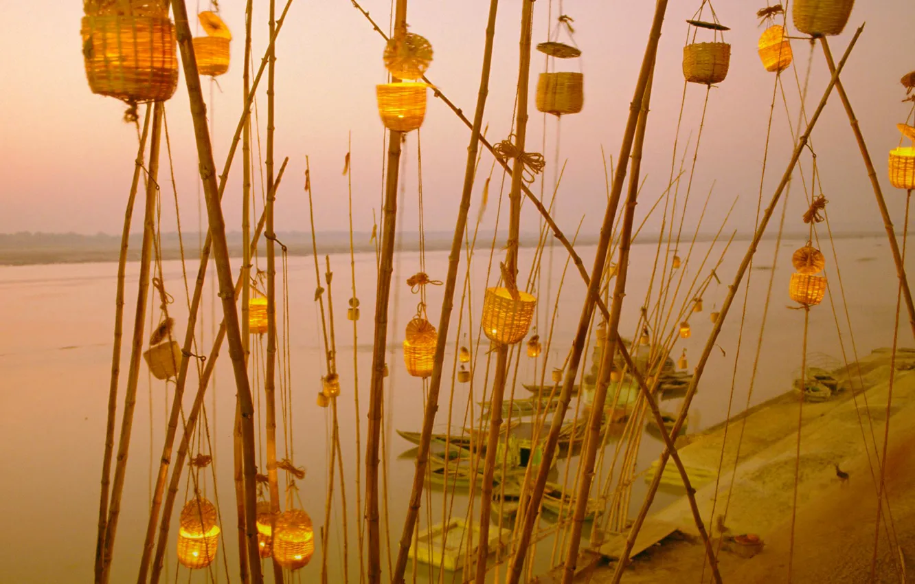 Photo wallpaper India, lantern festival, Uttar Pradesh, the Ganges river