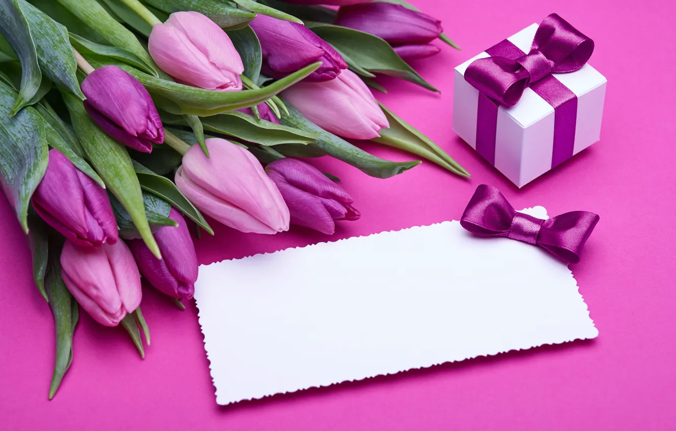 Photo wallpaper bouquet, tulips, love, pink, bow, fresh, pink, flowers