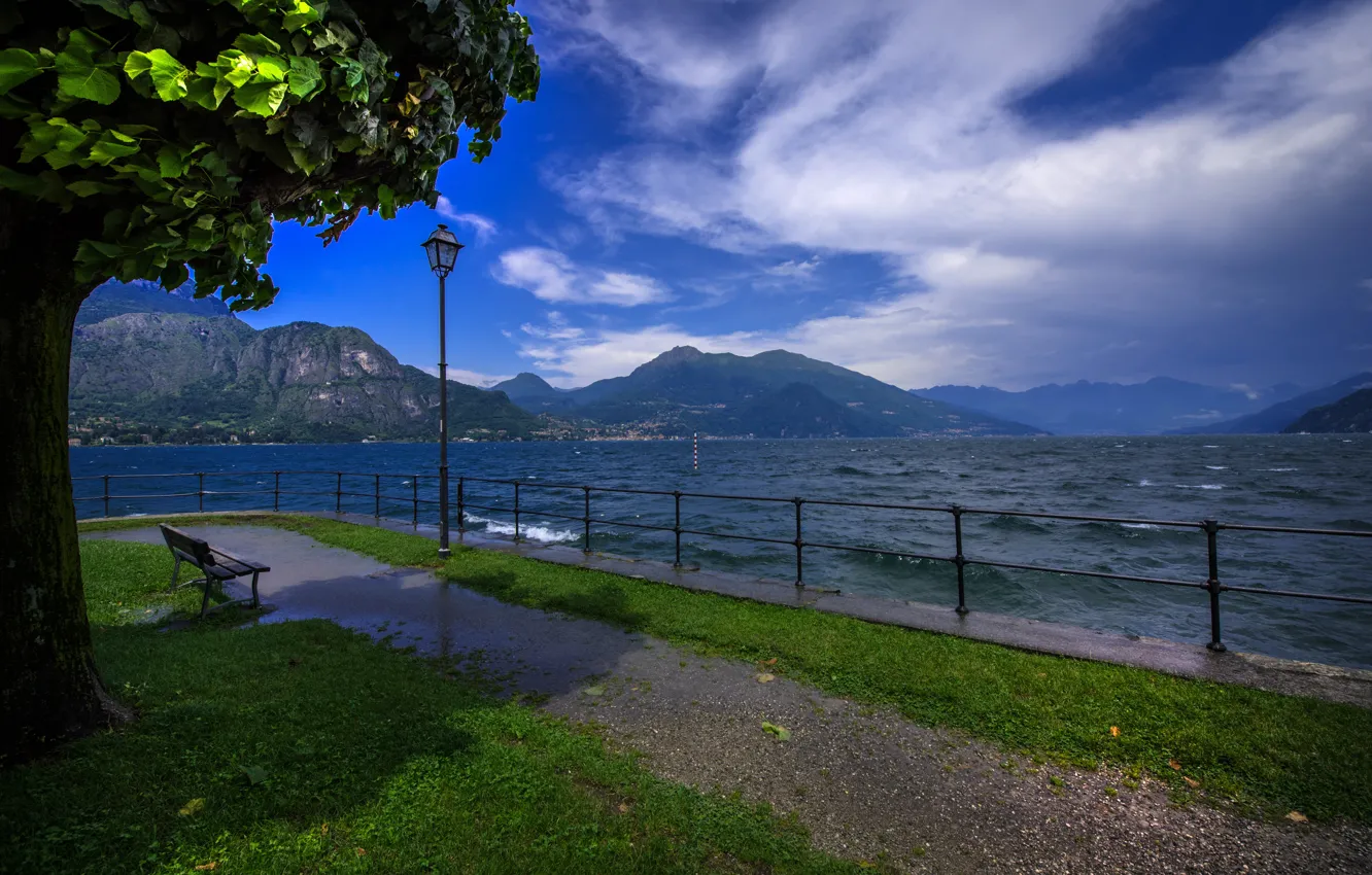 Photo wallpaper the sky, grass, clouds, trees, mountains, bench, lake, foliage