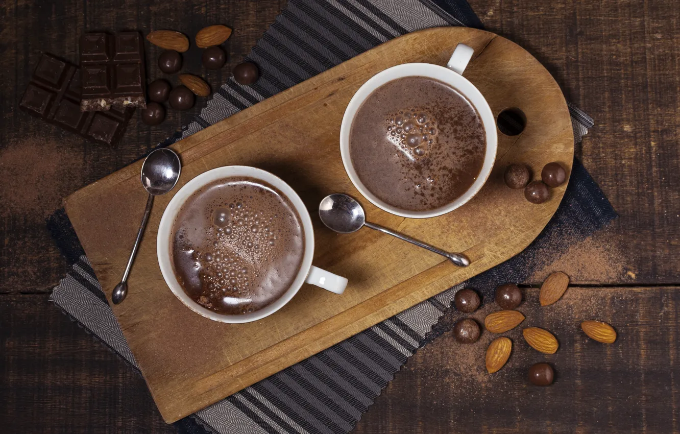 Photo wallpaper table, Board, chocolate, candy, spoon, mug, Cup, Duo
