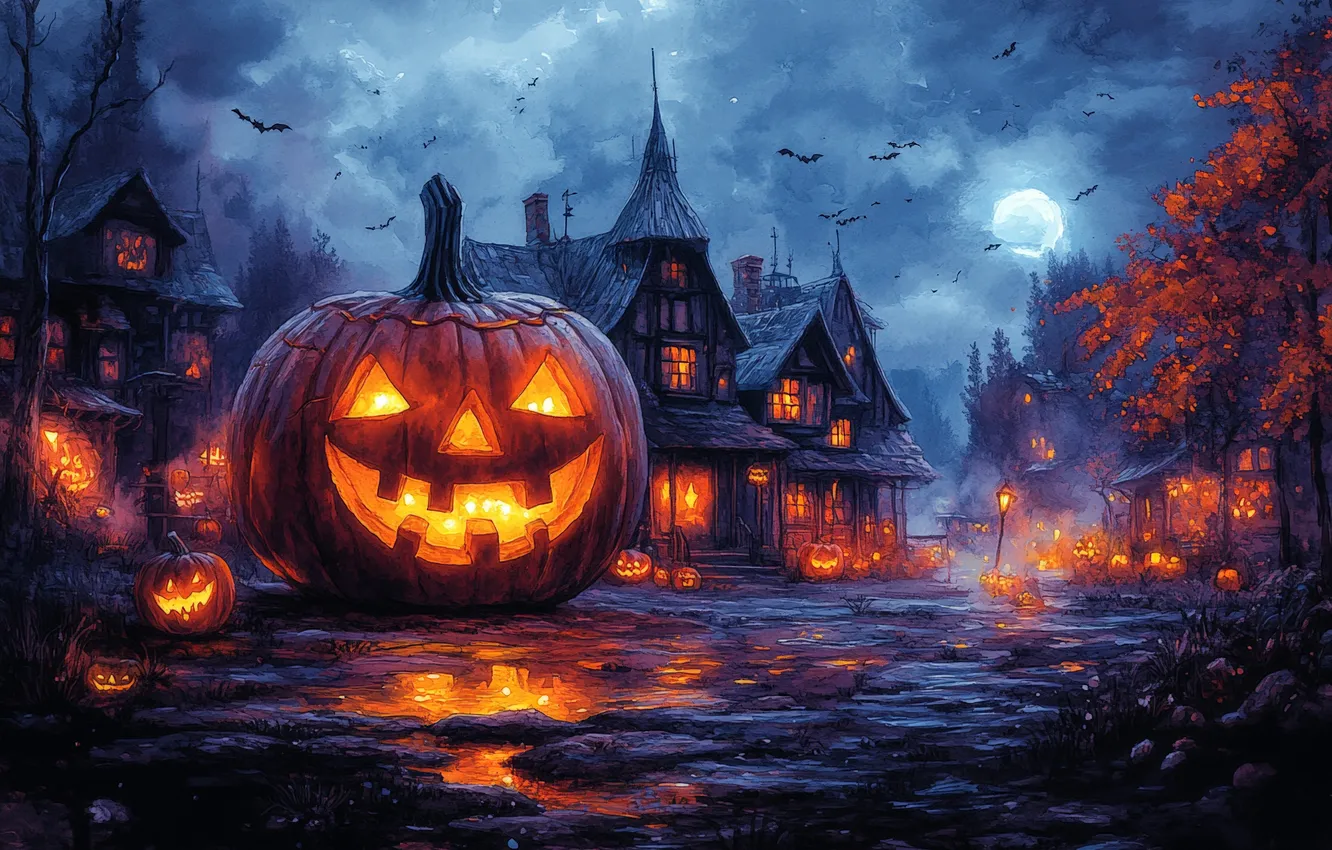 Photo wallpaper clouds, night, the moon, home, Halloween, pumpkin, Halloween, horror