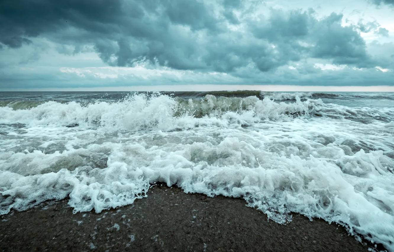 Photo wallpaper sea, wave, clouds, storm, shore, surf