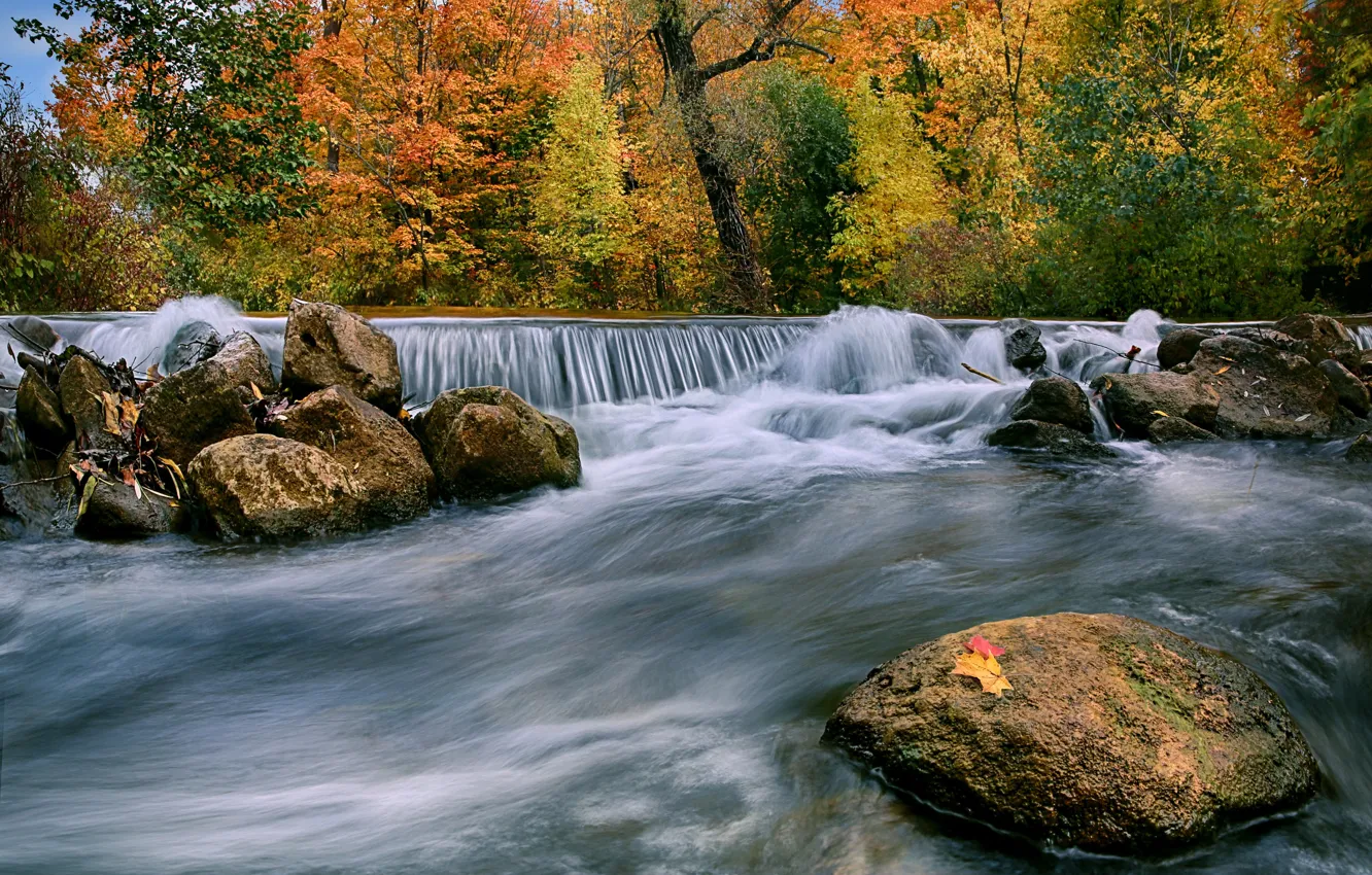 Photo wallpaper autumn, river, stones, thresholds