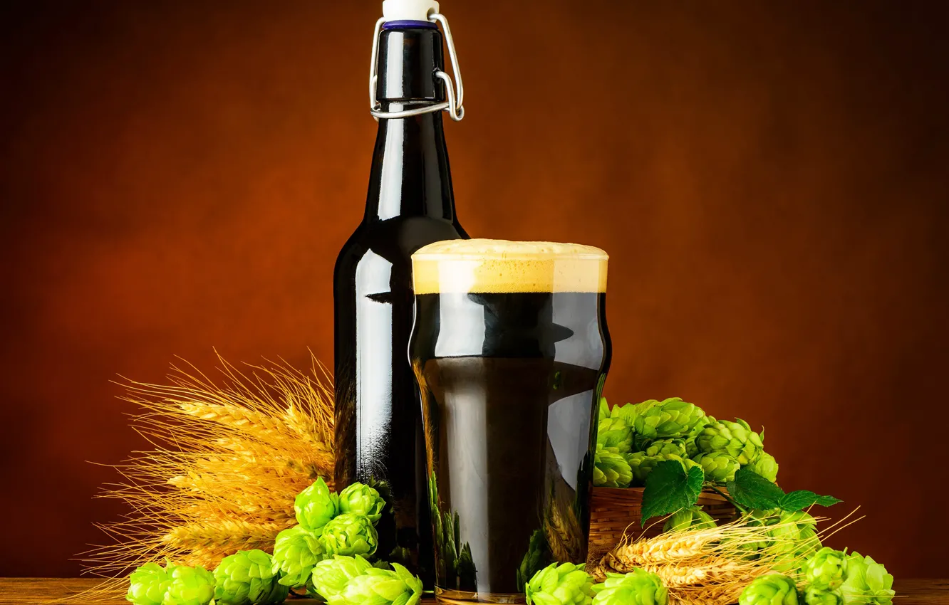 Photo wallpaper foam, glass, beer, malt, beer, hops