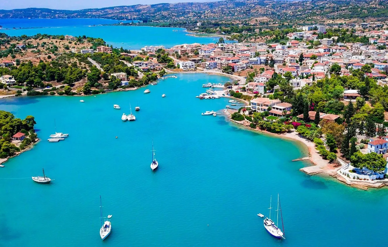 Photo wallpaper sea, the city, boat, home, Bay, Greece, pier, Bay
