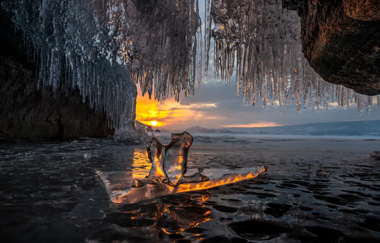 Photo wallpaper winter, water, the sun, sunset, nature, lake, ice, icicles