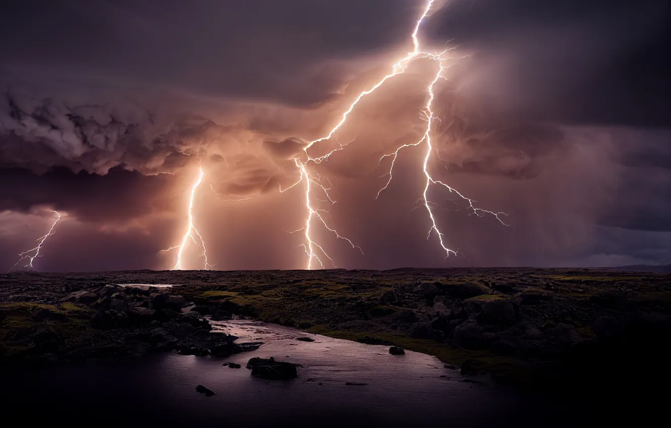 Photo wallpaper the storm, clouds, element, lightning