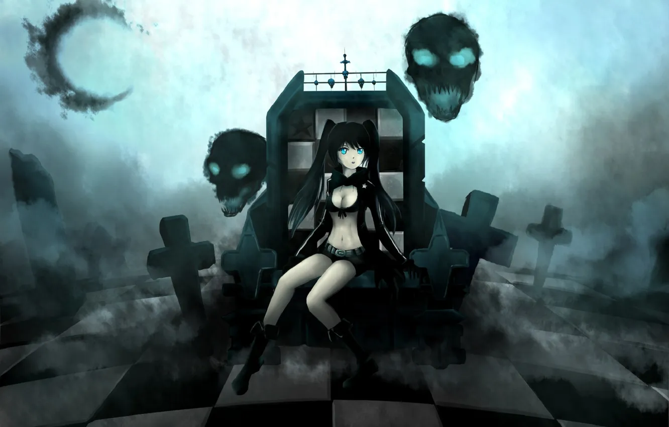 Photo wallpaper look, girl, smile, skull, cross, chain, black rock shooter, the throne