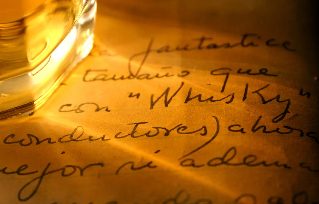 Photo wallpaper leaves, text, paper, the inscription, glass, records, whiskey, handwriting