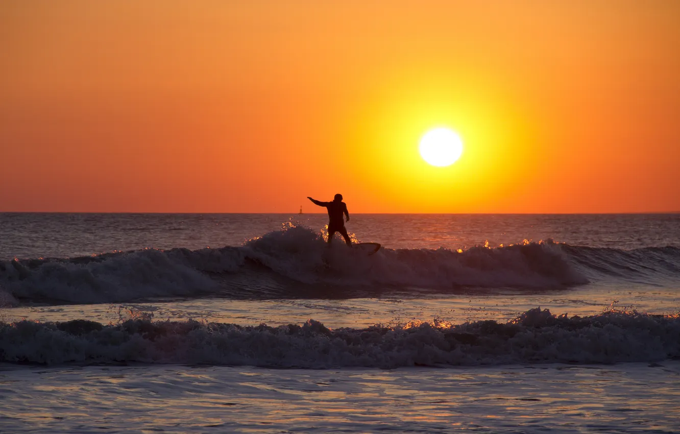 Photo wallpaper wave, sunset, horizon, surfer, extreme sports, surfboard, orange sky