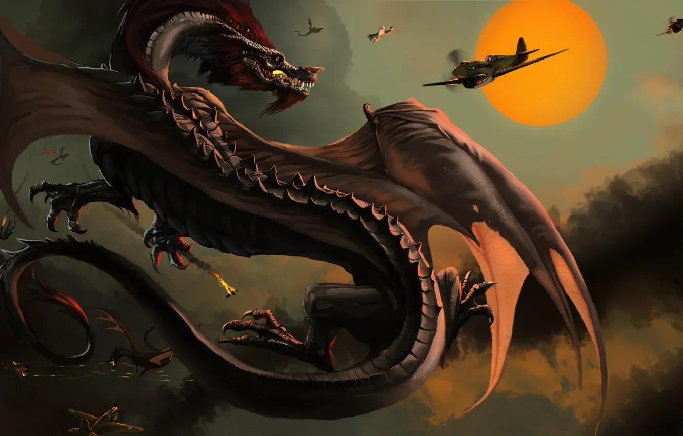 Photo wallpaper Monsters, Aircraft, Battle, Battle, Dragon, Art, Dragons, Fiction