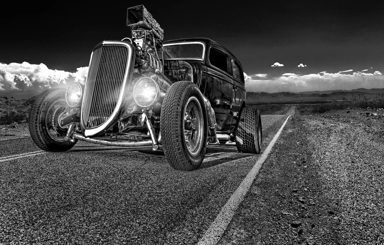 Photo wallpaper road, retro, lights, classic, the front, hot-rod, classic car