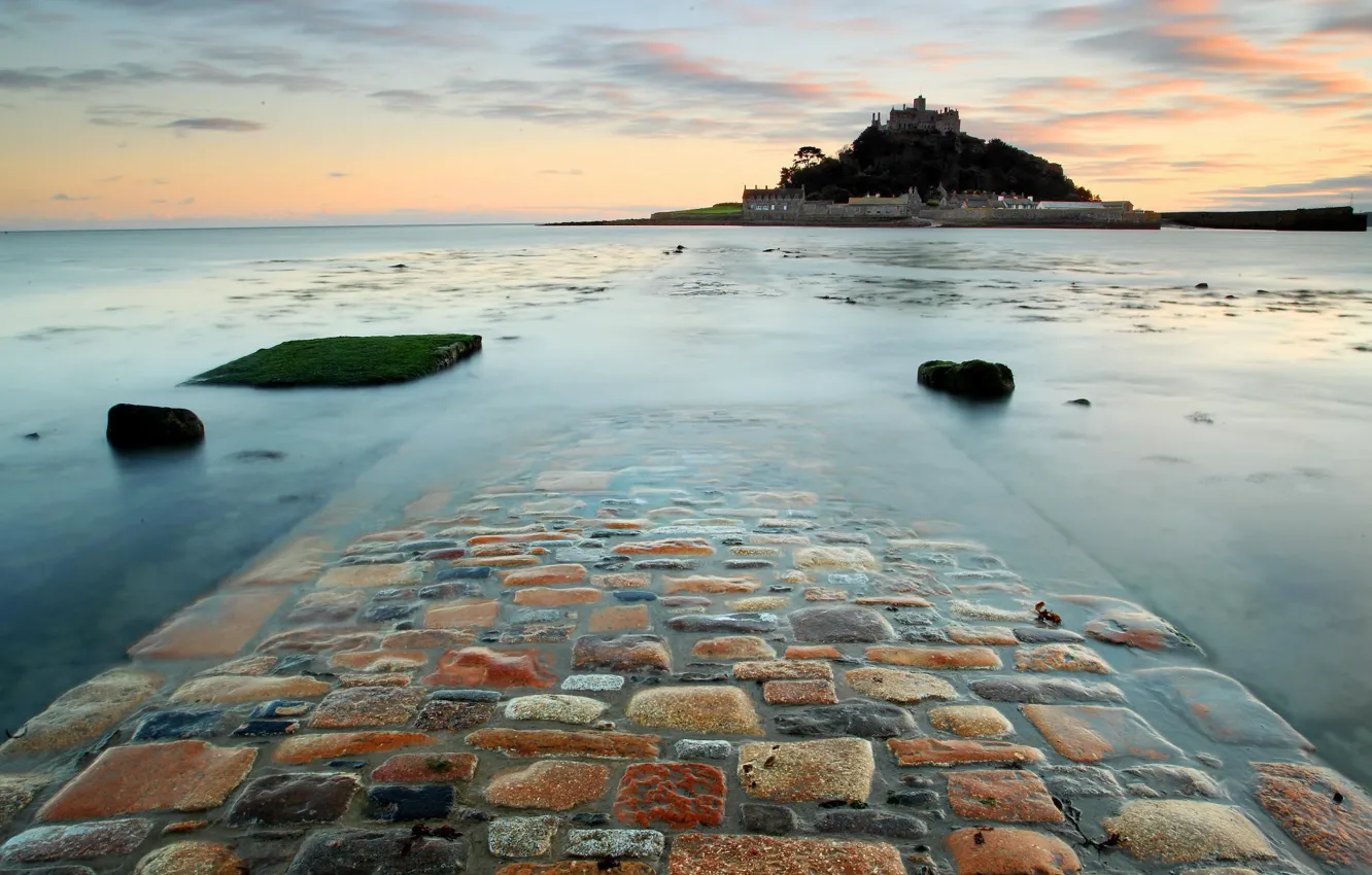 Photo wallpaper sea, the sky, stones, castle, mountain, track