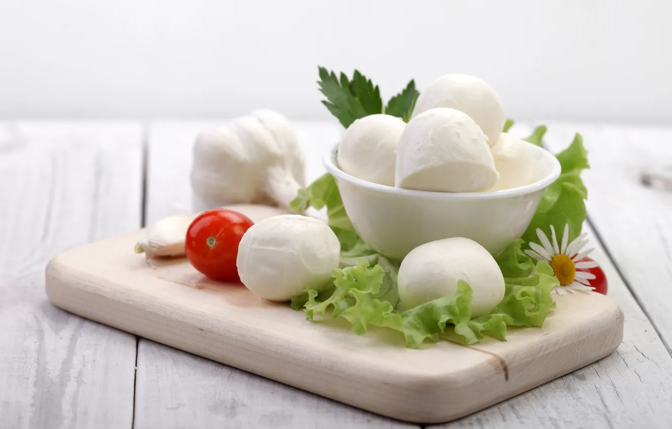 Photo wallpaper greens, cheese, tomatoes, mozzarella