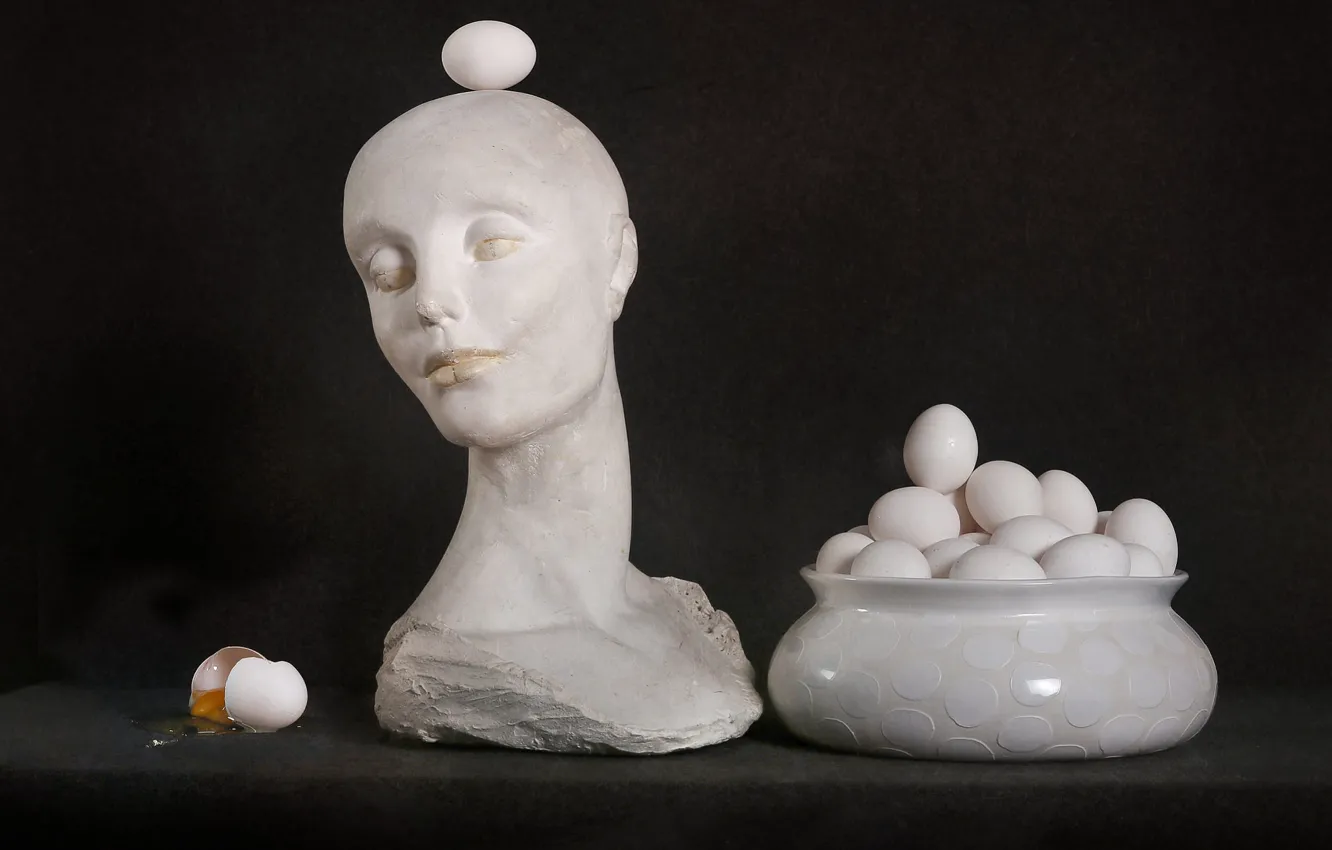 Photo wallpaper face, the dark background, woman, eggs, head, Easter, figurine, sculpture