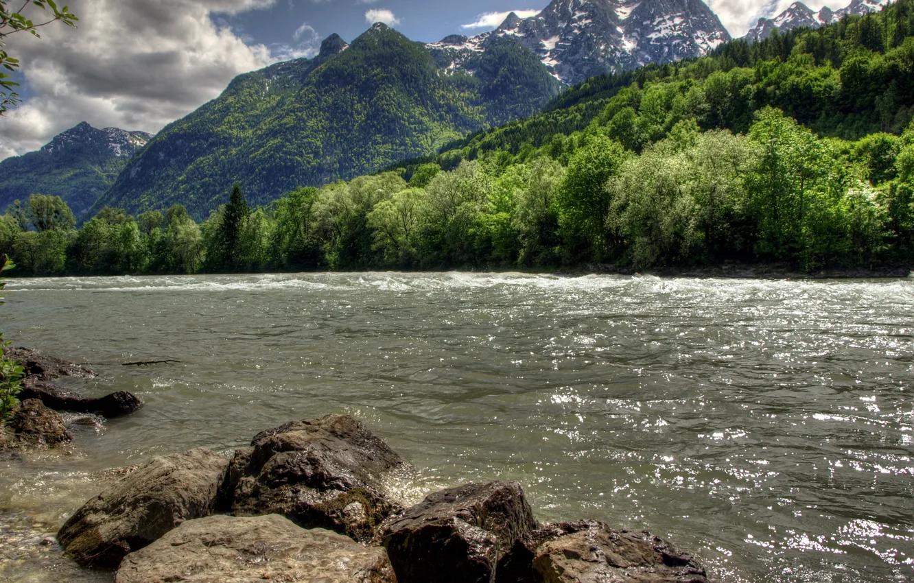 Photo wallpaper forest, landscape, mountains, nature, river, stones, HDR, Austria