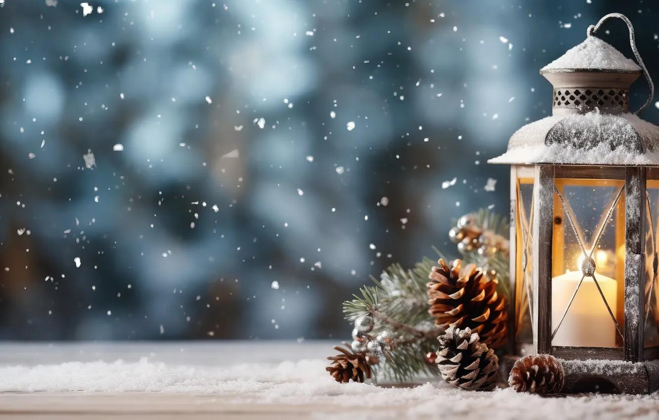 Photo wallpaper winter, snow, night, new year, Christmas, lights, Christmas, night