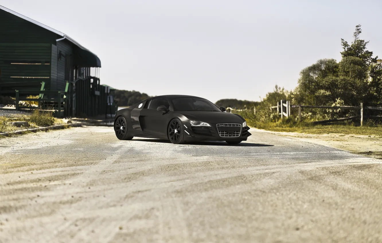 Photo wallpaper road, the sky, Audi, audi, shadow, front view, black matte, matte black