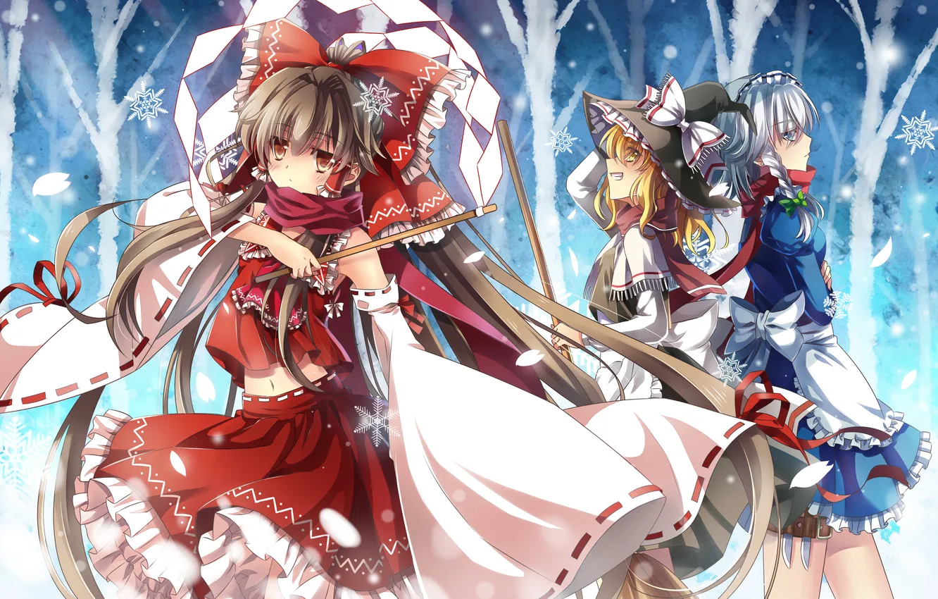 Photo wallpaper winter, girl, snow, hat, art, braids, witch, bow