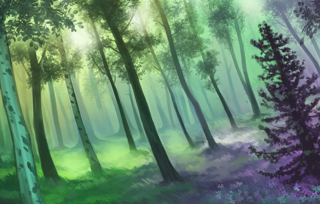 Photo wallpaper greens, forest, the sun, flowers, art, painted landscape