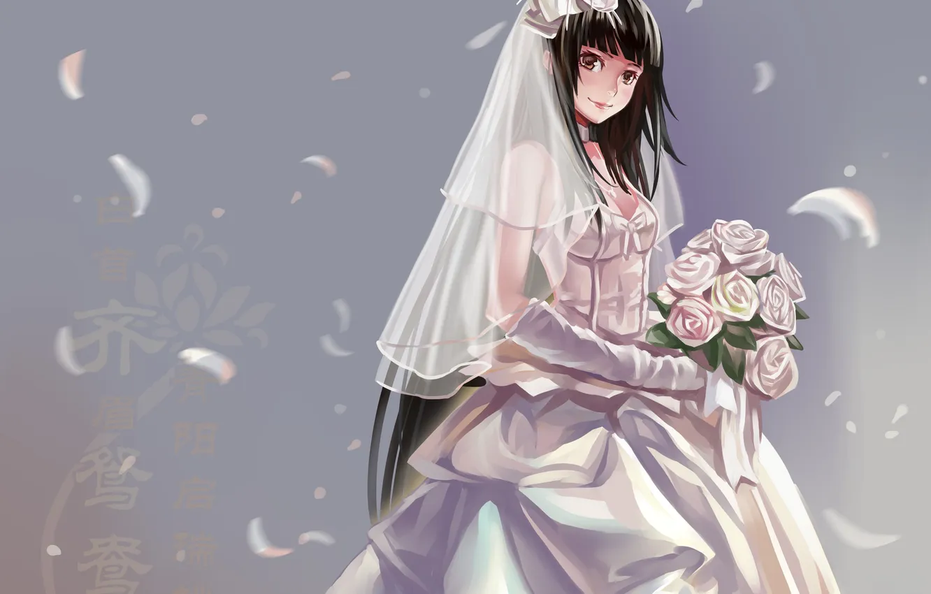 Photo wallpaper girl, smile, bouquet, petals, art, wedding dress, xiamianliele