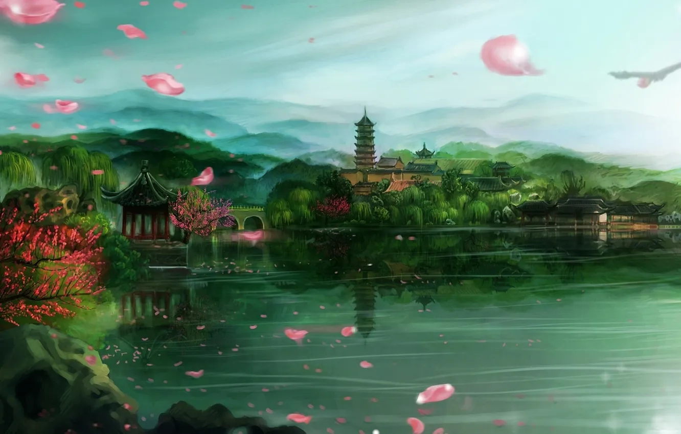 Photo wallpaper lake, hills, Asia, home, petals, Sakura, art, yingzhiping